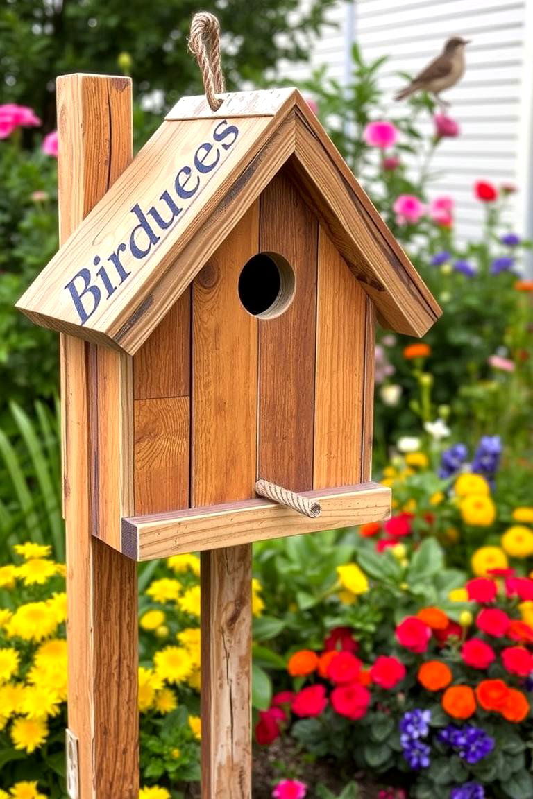 Reclaimed Wood Birdhouse Sign - 24 Garden Sign Ideas