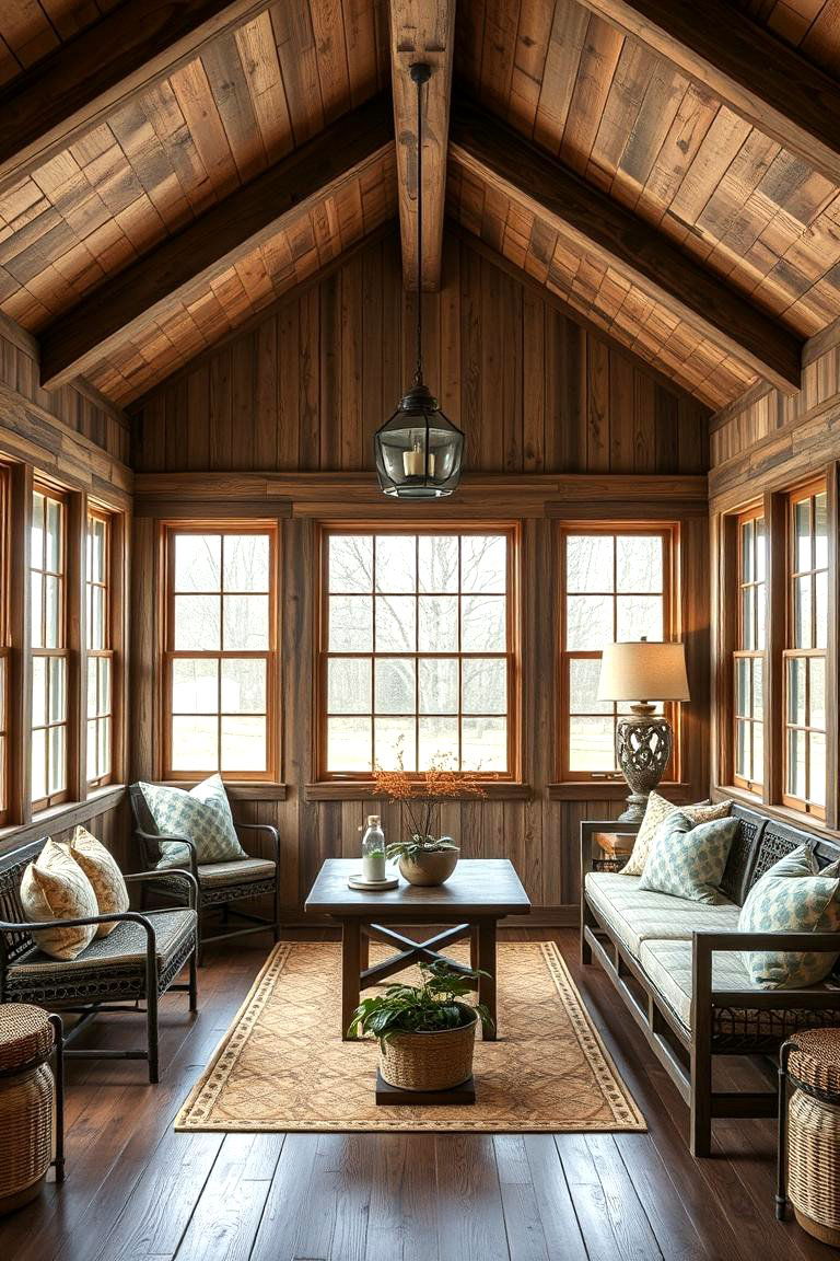 Reclaimed Wood Interior Detailing - 24 Farmhouse Sunroom Ideas