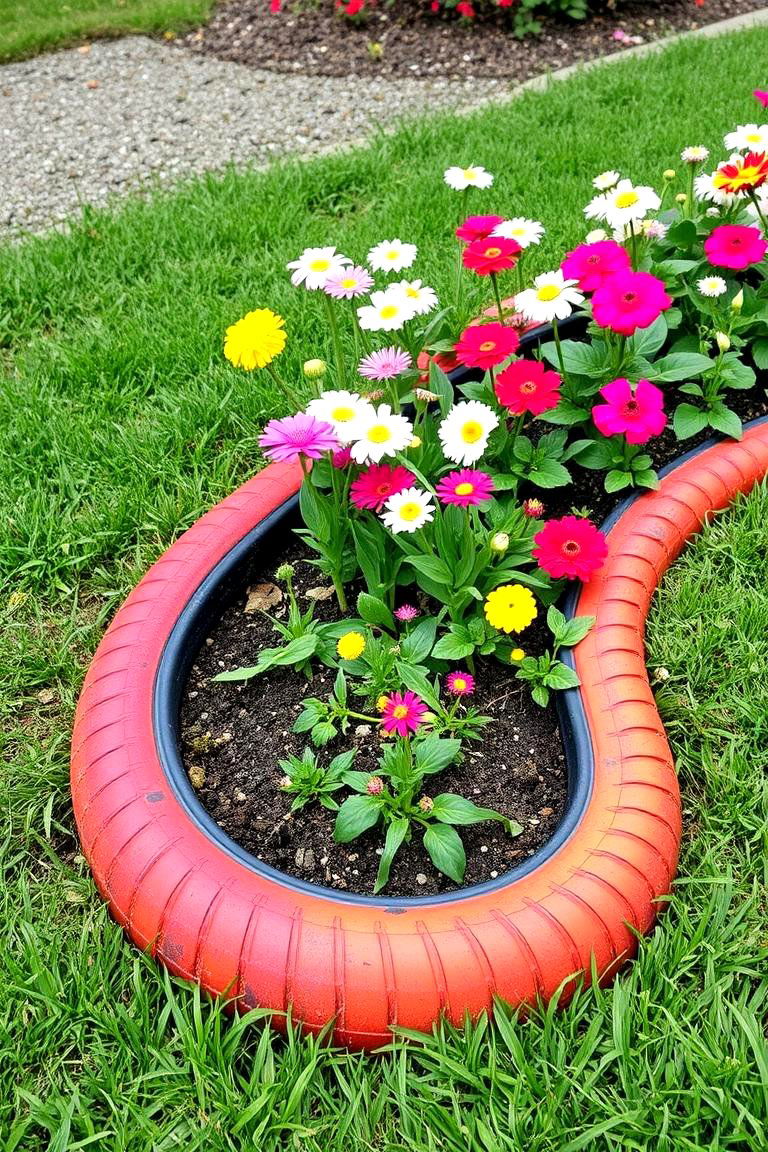 Recycled Bicycle Tire Garden Border - 24 Old Bicycle Garden Ideas