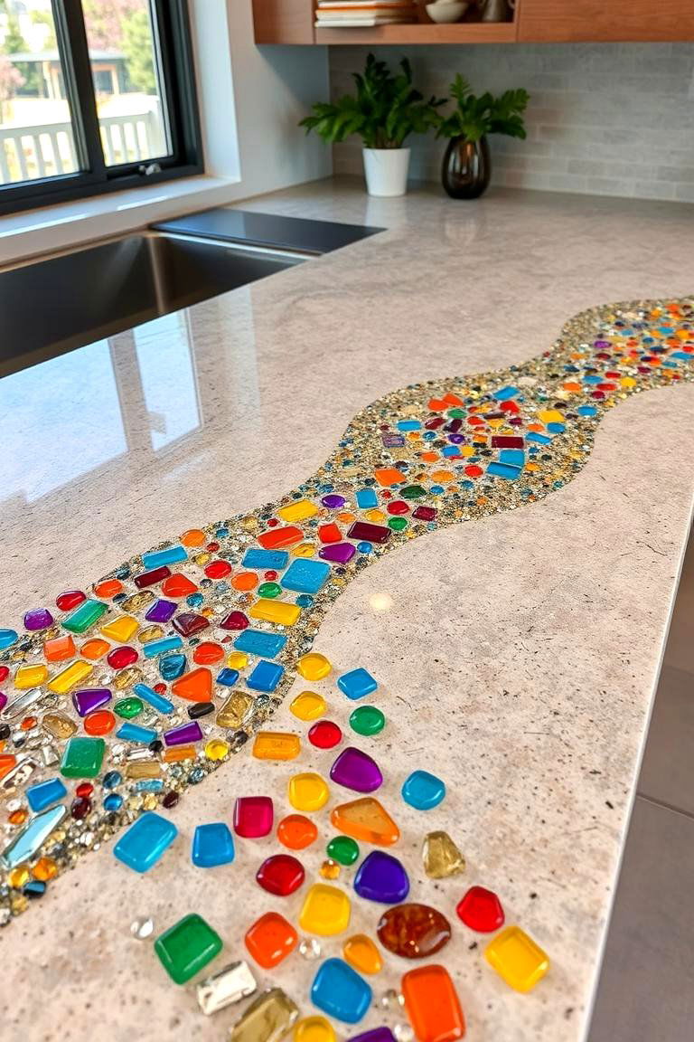 Recycled Glass Embedded Concrete Countertop - 24 Concrete Countertop Ideas