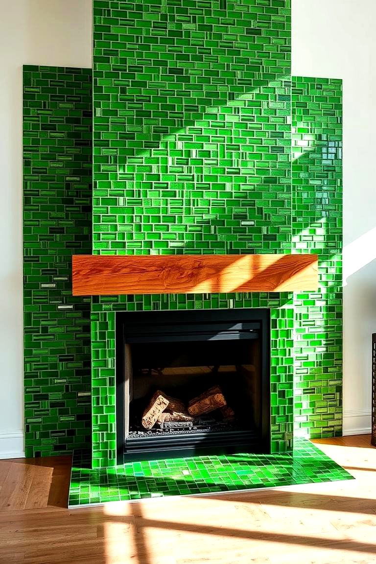 Recycled Glass Tile Fireplace with Green Hues - 24 Green Fireplace Ideas