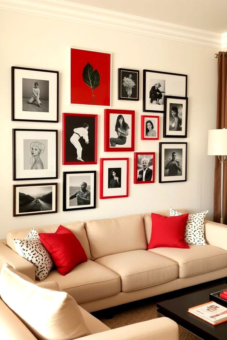 Red Accents in a Gallery Wall - 24 Red Living Room Ideas