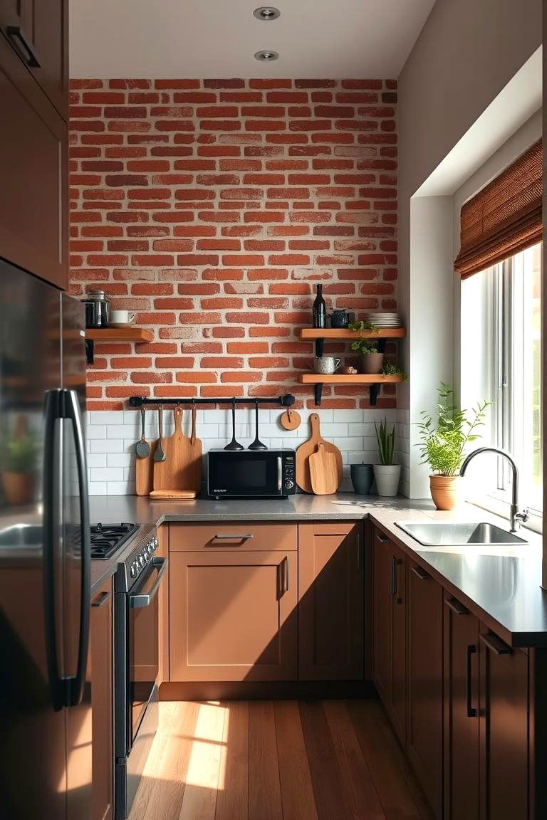 Red Brick Accent in Compact Kitchens - 24 Red Brick Kitchen Ideas