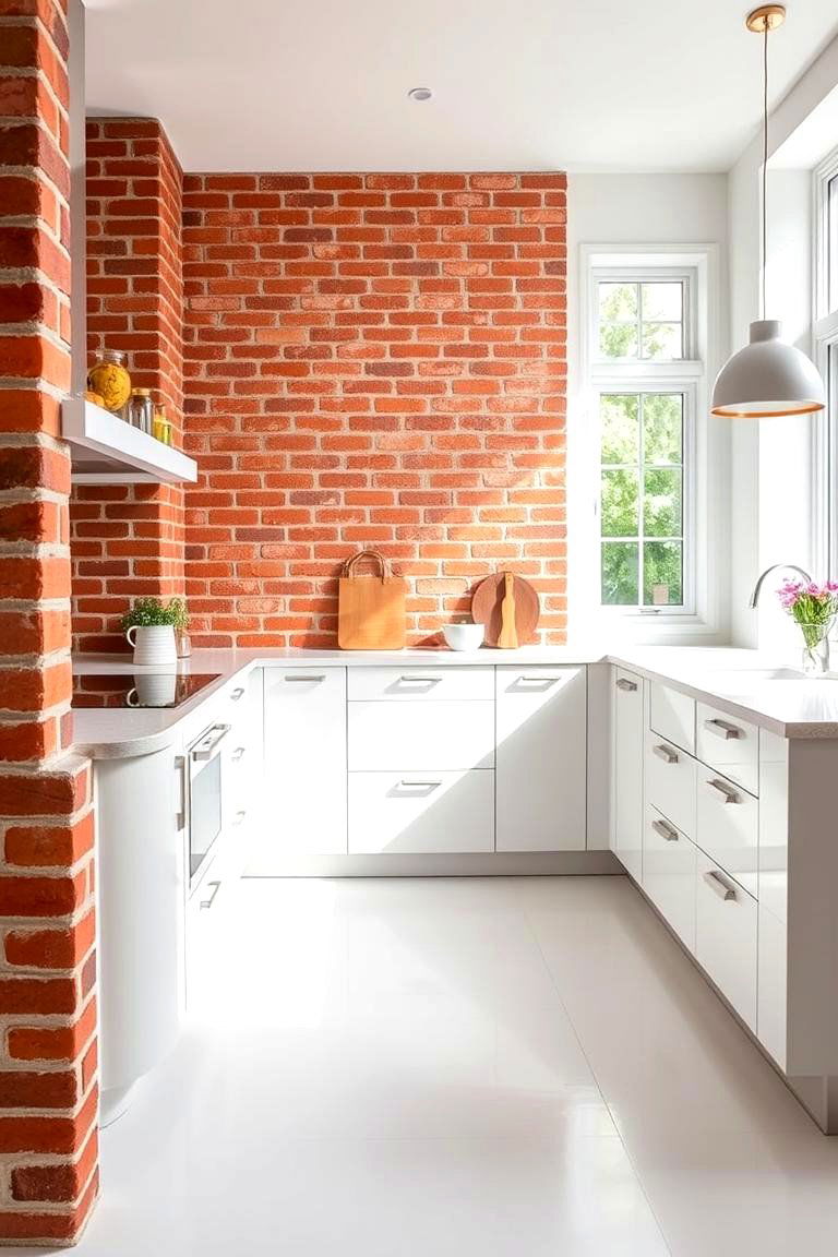 Red Brick and White Contrast Elements - 24 Red Brick Kitchen Ideas