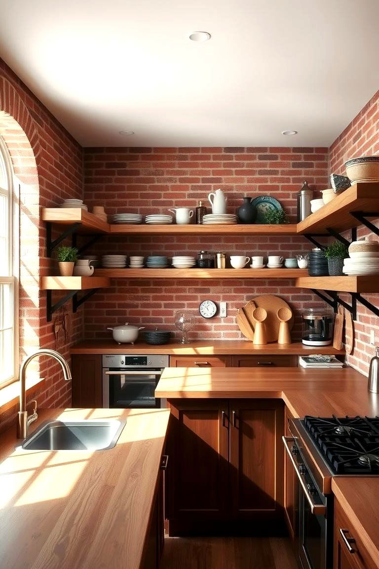Red Brick and Wood Open Shelving - 24 Red Brick Kitchen Ideas