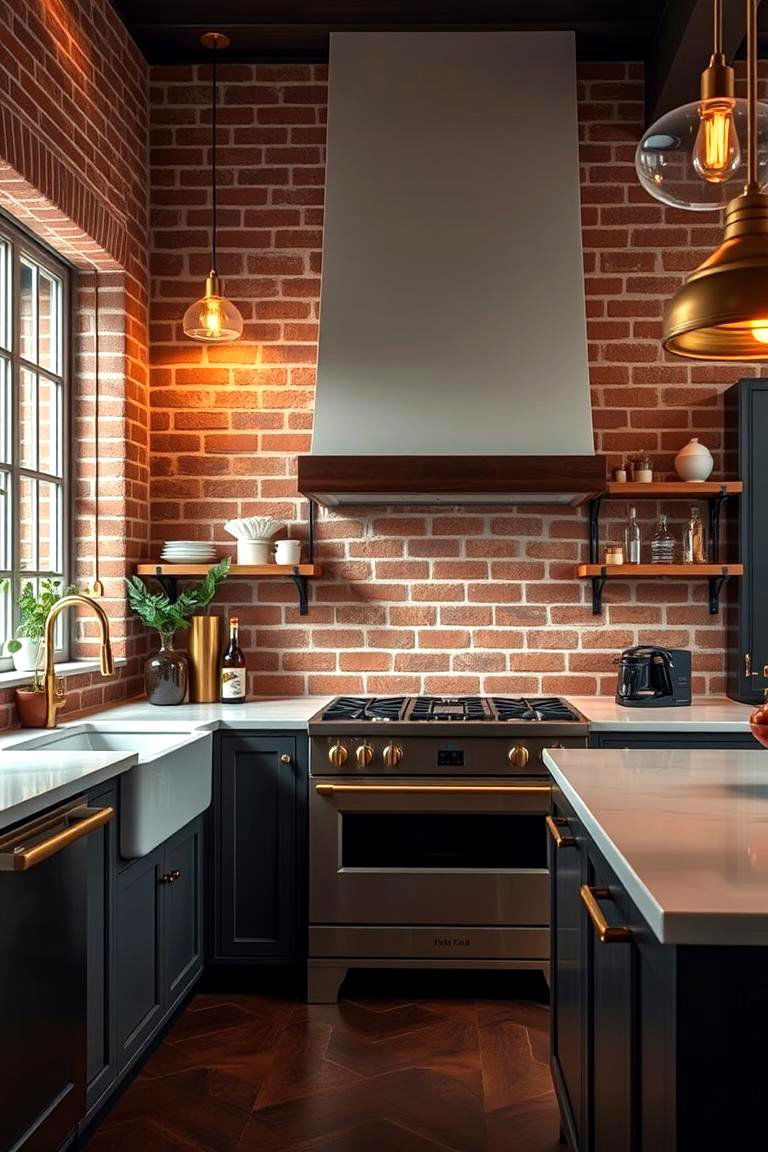 Red Brick with Brass Fixtures - 24 Red Brick Kitchen Ideas