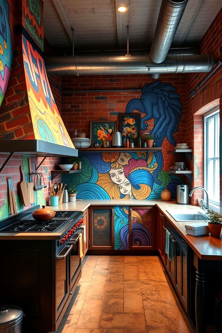 Red Brick with Custom Mural Artwork - 24 Red Brick Kitchen Ideas