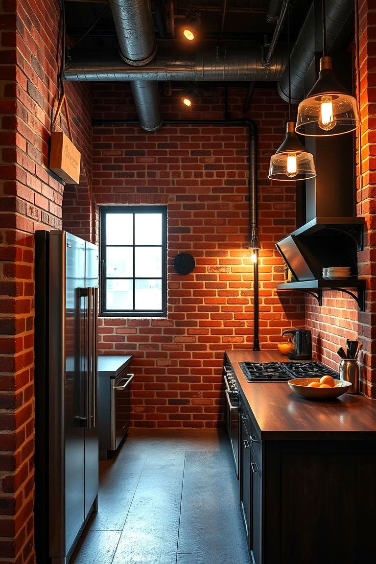Red Brick with Industrial Lighting - 24 Red Brick Kitchen Ideas