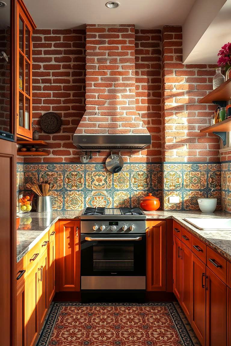 Red Brick with Patterned Tiles Blend - 24 Red Brick Kitchen Ideas