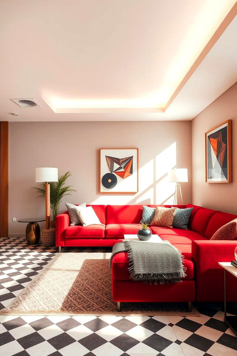 Red Geometric Flair - 24 Red Couch Living Room Ideas