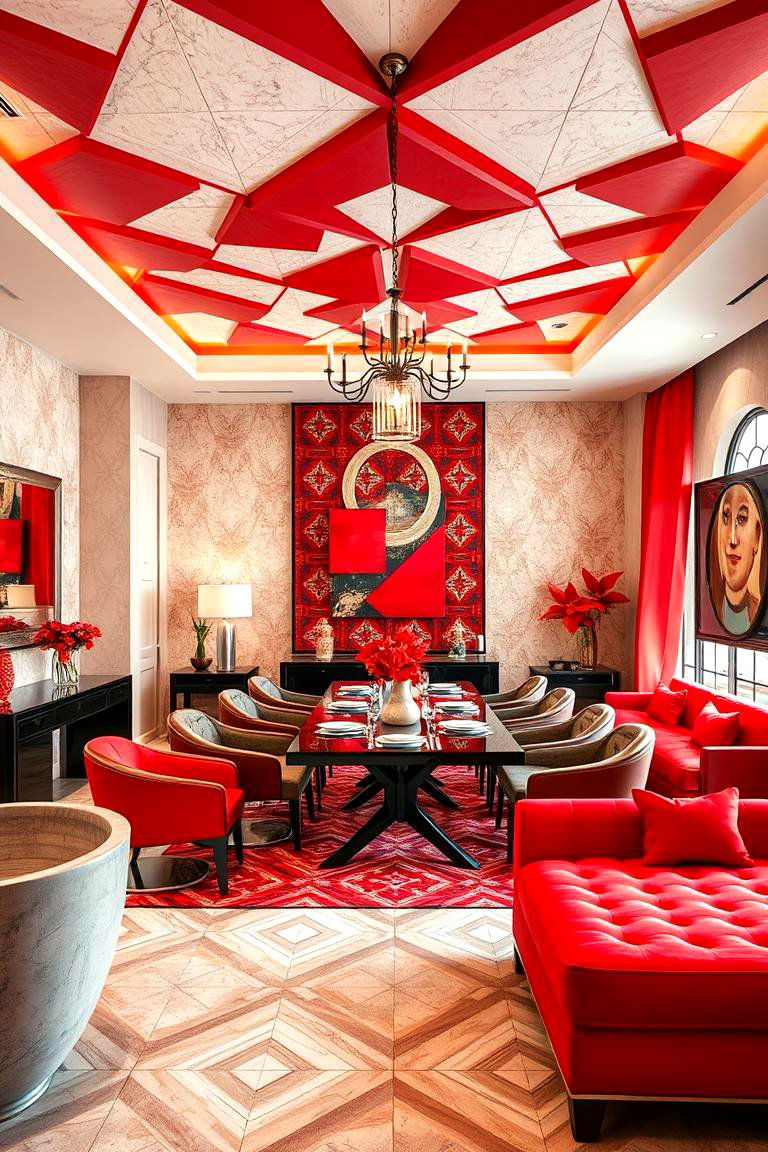 Red Geometric Pattern Dining Room - 24 Red Dining Room Ideas