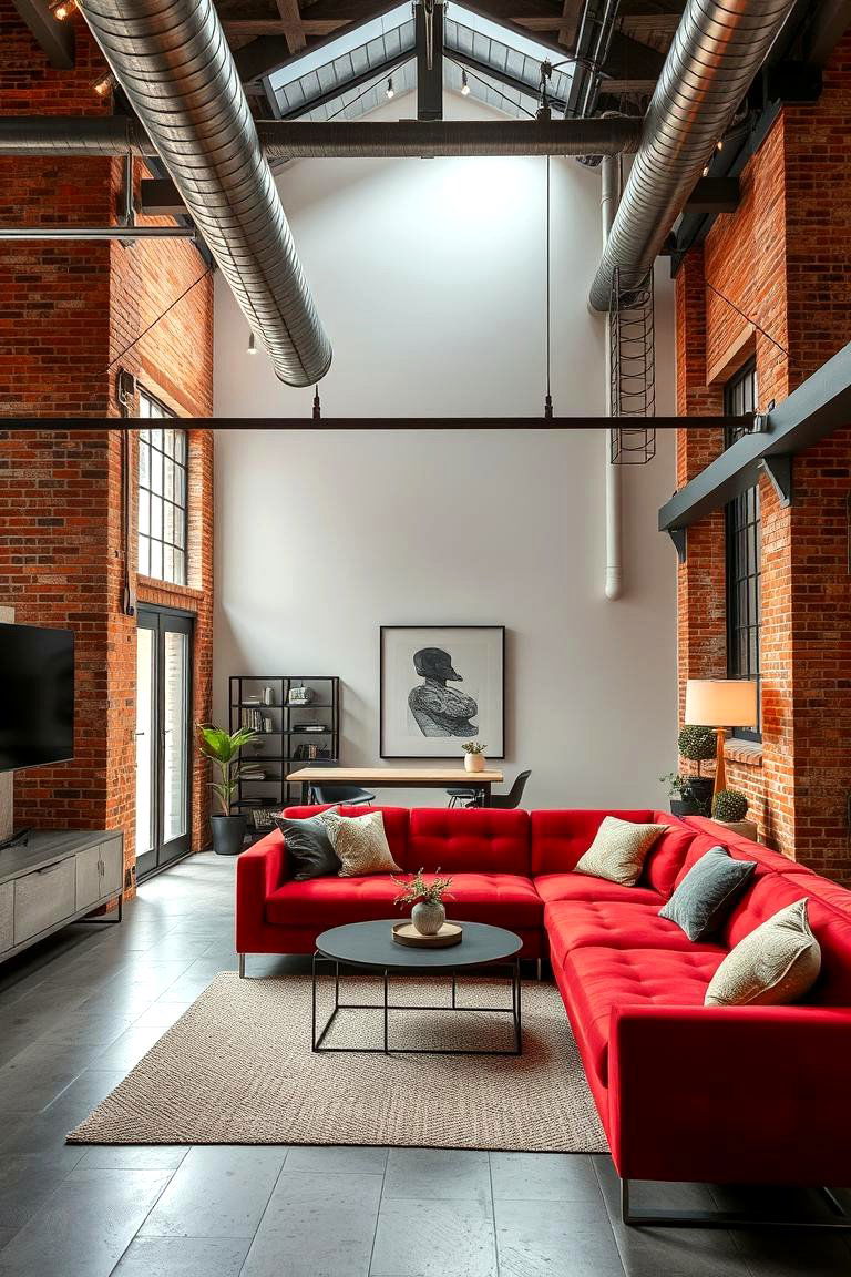 Red Industrial Edge - 24 Red Couch Living Room Ideas
