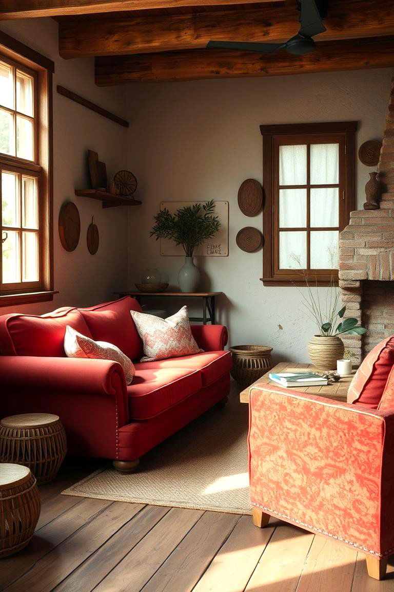Red Rustic Appeal - 24 Red Couch Living Room Ideas