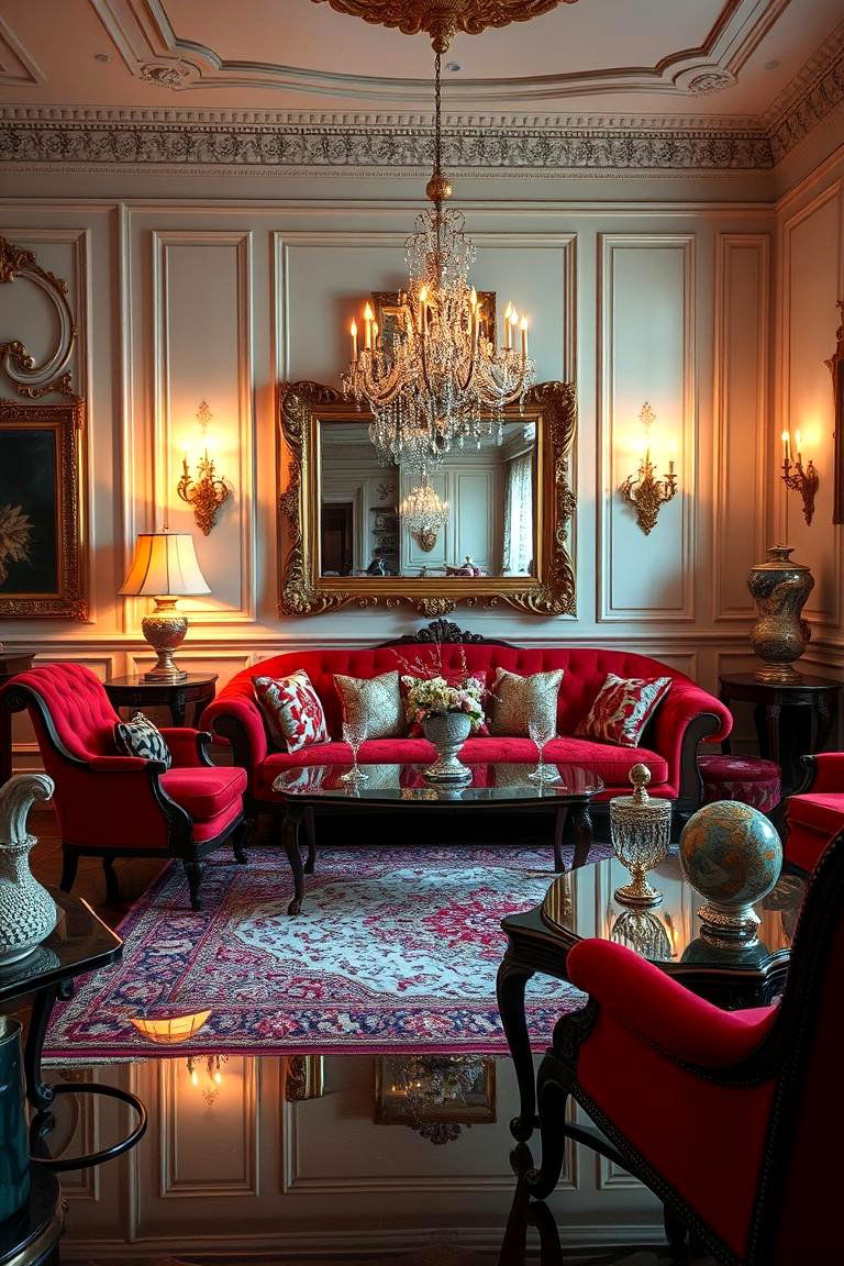 Red Vintage Glamour - 24 Red Couch Living Room Ideas