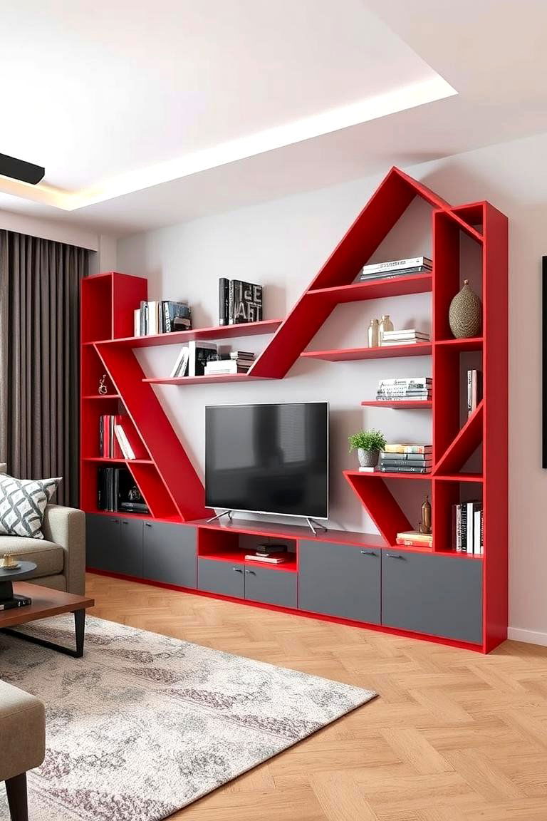 Red and Grey Geometric Shelving - 24 Red and Grey Living Room Ideas