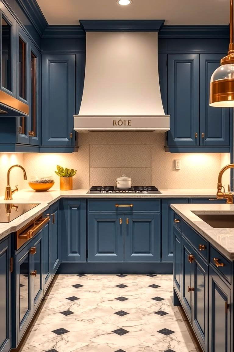 Refined Art Deco Revival - 24 blue kitchen cabinets with gold hardware