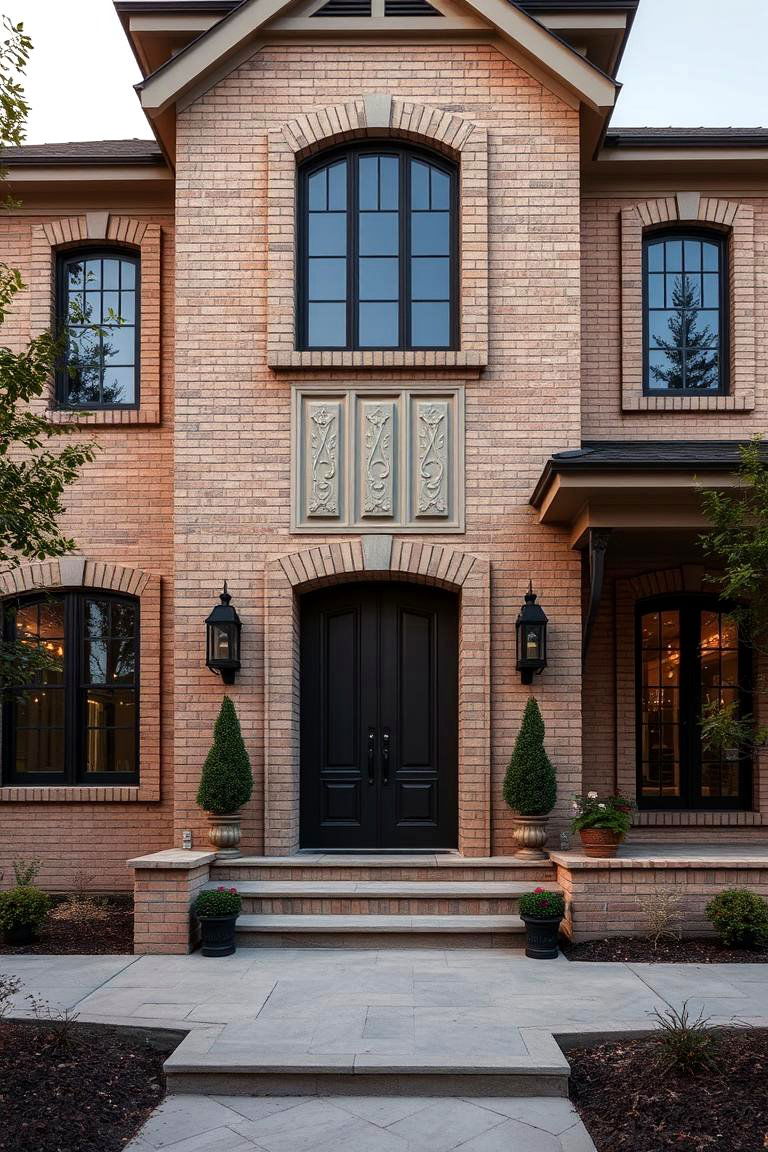 Refined Beige Brick with Decorative Panels - 24 Beige Brick Exterior Home Ideas