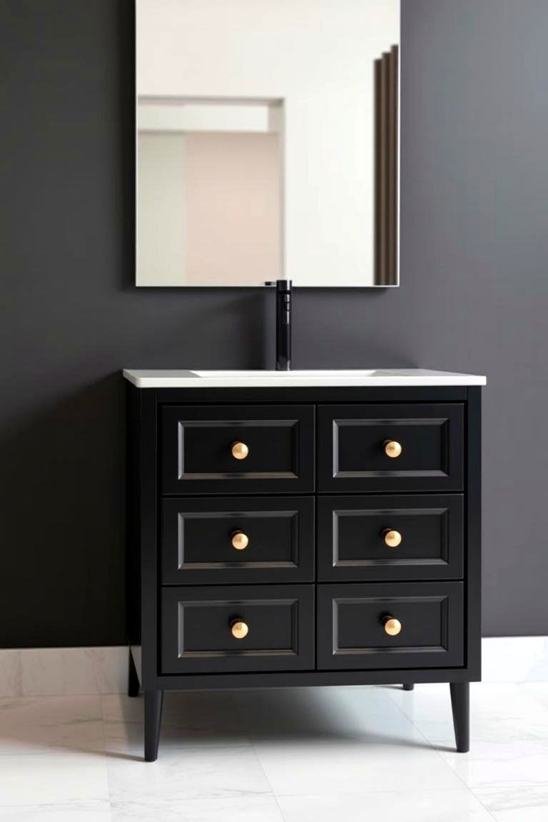 Refined Black Cabinetry with Gold Knobs - 24 Black and Gold Bathroom Ideas