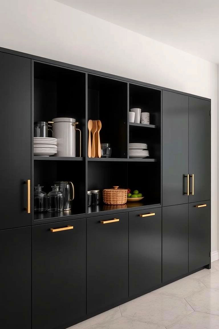 Refined Black Storage Units with Gold Detailing - 24 black white and gold kitchen ideas