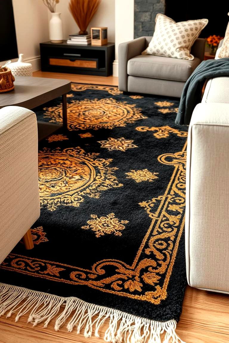 Refined Black and Gold Rug - 24 Black and Gold Living Room Ideas