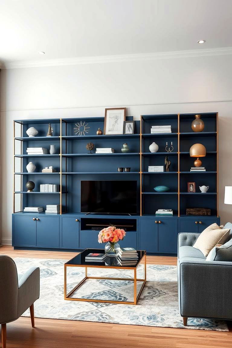 Refined Blue and Gold Shelving Units - 24 Blue and Gold Living Room Ideas