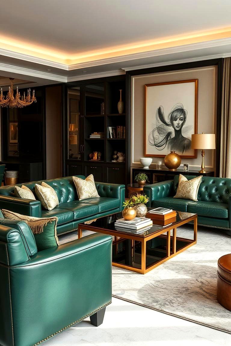 Refined Comfort with Green Leather and Gold Accents - 24 Green and Gold Living Room Ideas