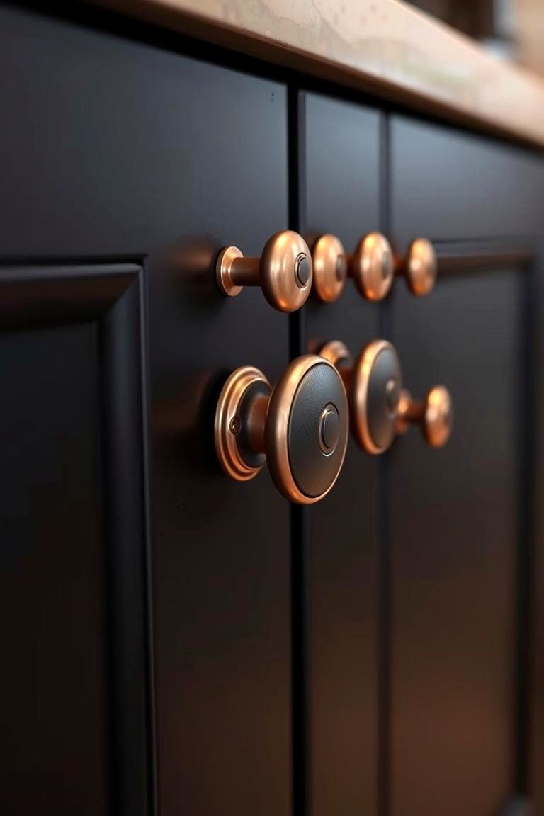 Refined Copper Cabinet Hardware on Black Cabinets - 24 black and copper kitchen ideas