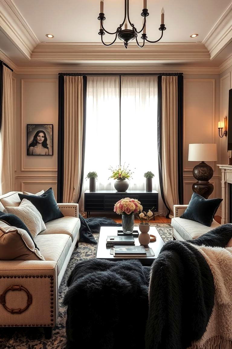 Refined Cream and Black with Plush Textiles - 24 Cream and Black Living Room Ideas