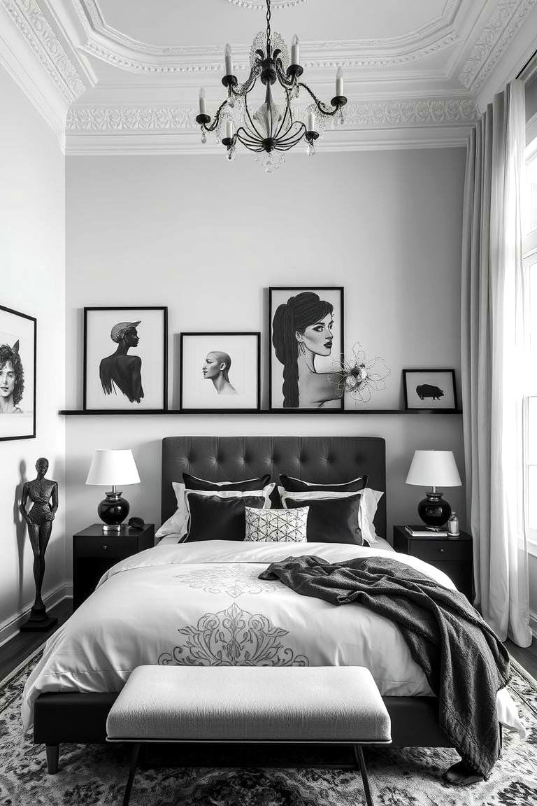 Refined Monochrome Artistry - 24 Feminine Black and White Bedroom Ideas
