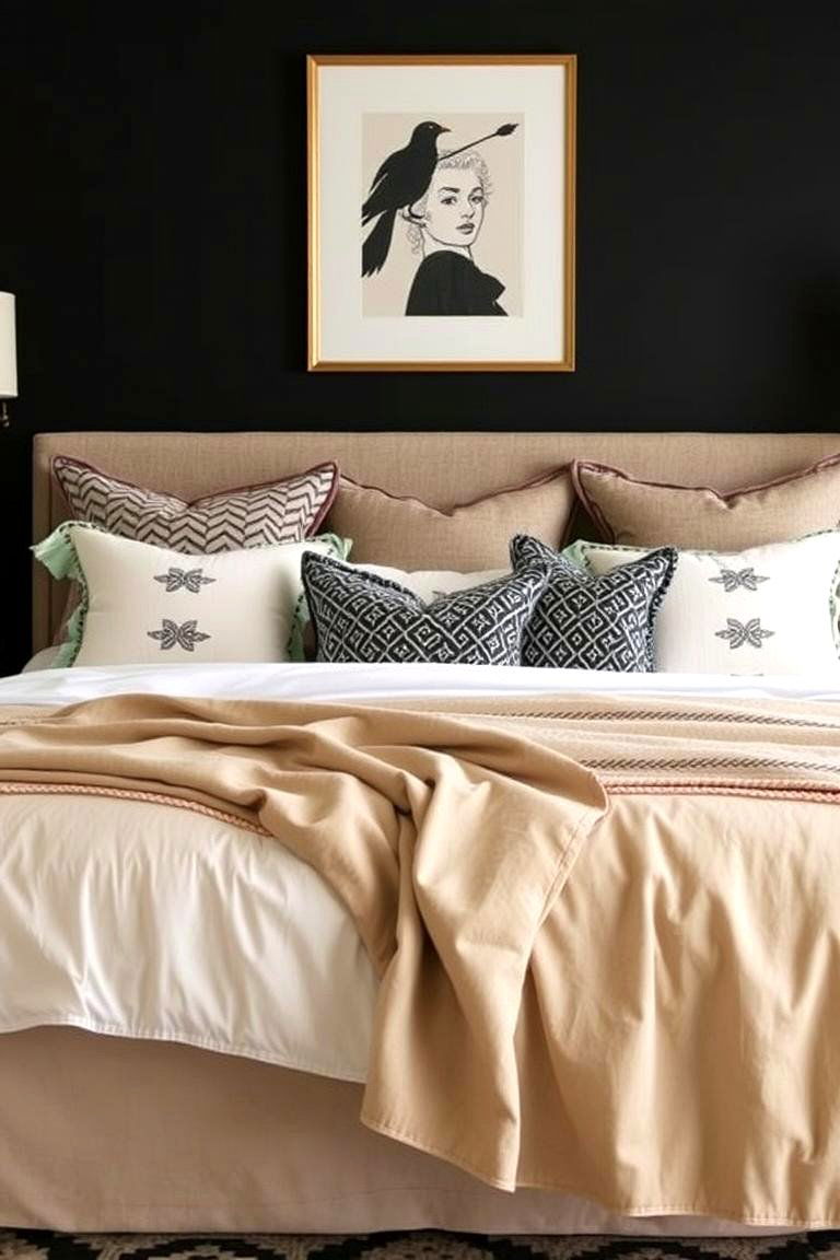 Refined Pattern Play - 24 Black and Beige Bedroom Design Ideas