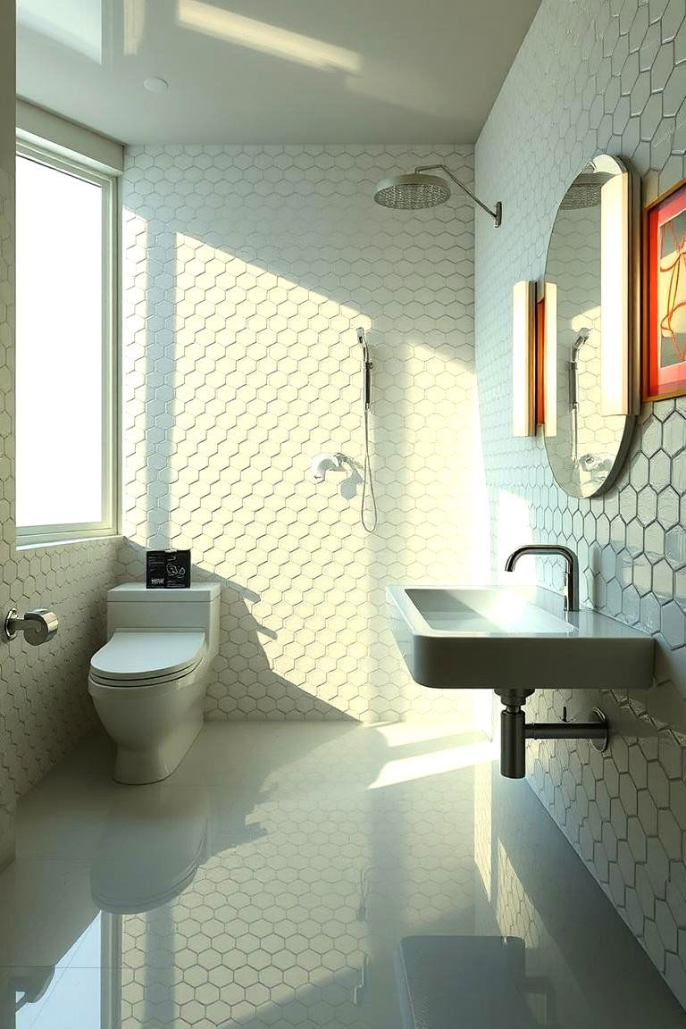 Reflective Surface Illumination - 24 Hexagon Tiles Ideas for Bathrooms