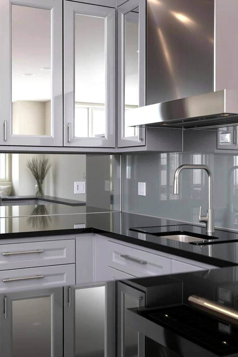 Reflective Surfaces Accents - 24 Kitchen With Gray Cabinets And Black Countertops Ideas