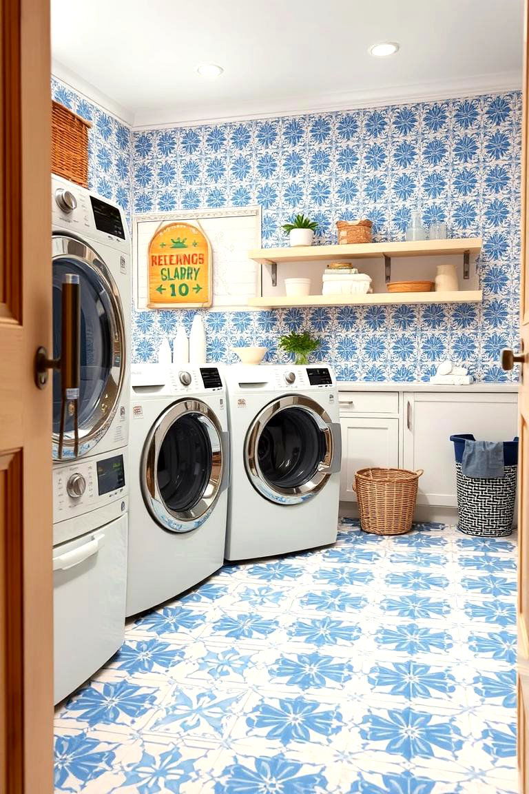 Refreshing Blue and White Tiles - 24 Laundry Room Tile Ideas