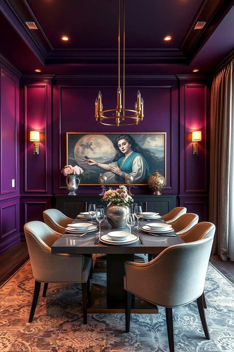 Regal Purple Accent Walls - 24 Purple Dining Room Ideas