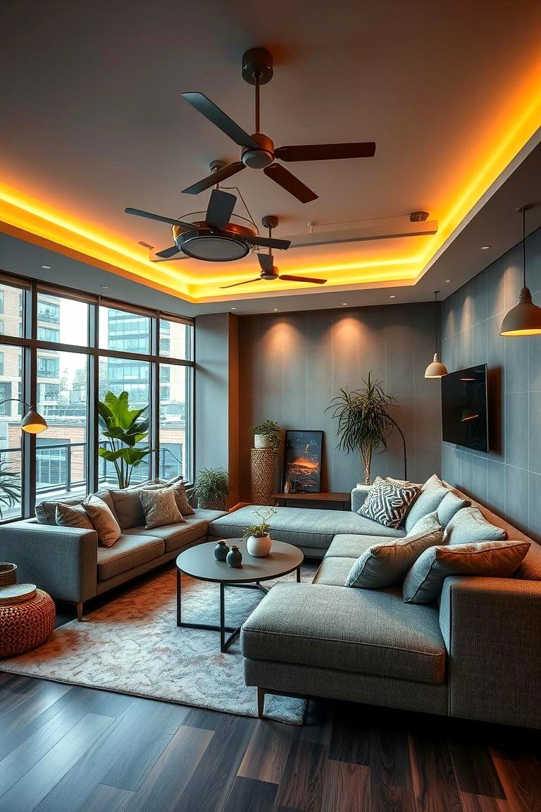 Relaxed Urban Grey with Layered Lighting - 24 Grey Sectional Living Room Ideas