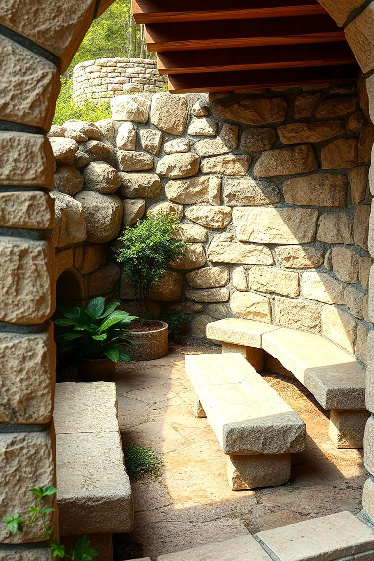 Relaxing Stone Seating Nook - 24 Stone Exterior Home Ideas