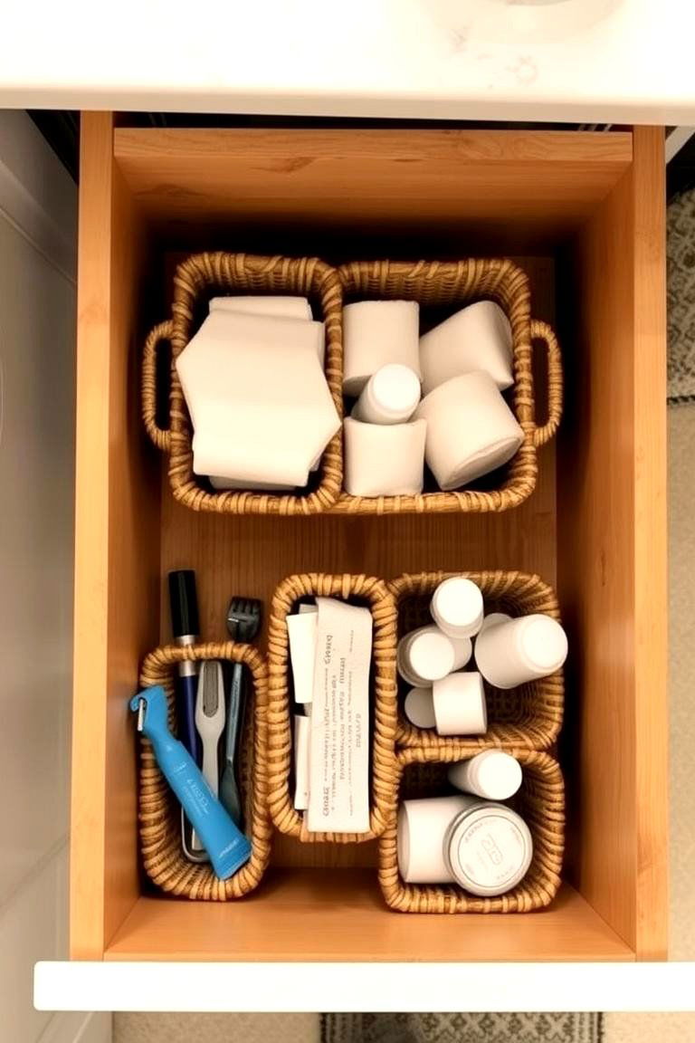 Repurpose Small Baskets for Small Essentials - 24 Bathroom Drawer Organization Ideas