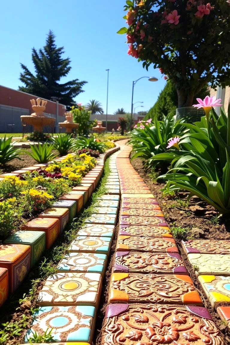 Repurposed Ceramic Tile Edging - 24 Recycled Garden Edging Ideas