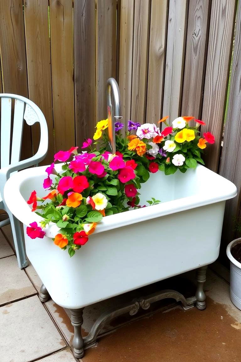 Repurposed Farmhouse Sink Planter - 24 Rustic Patio Ideas