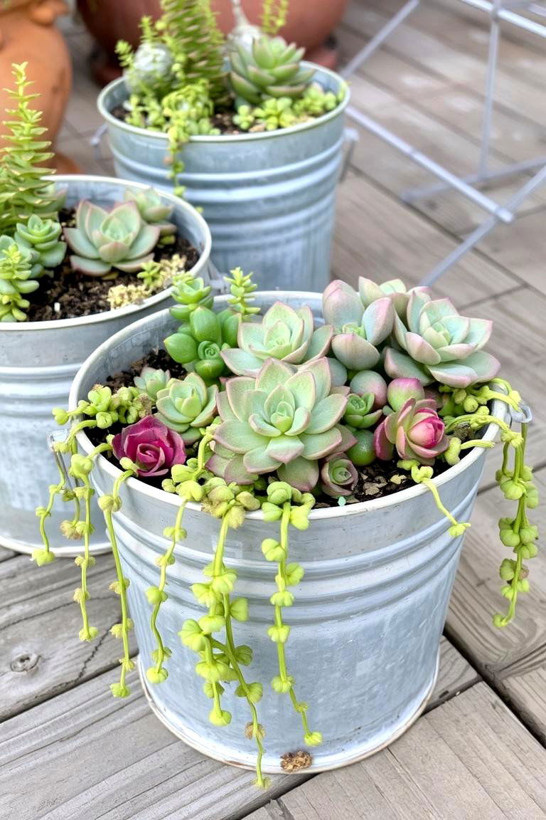 Repurposed Metal Buckets - 24 Outdoor Succulent Container Ideas