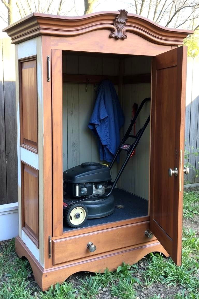 Repurposed Old Wardrobe - 24 Lawn Mower Storage Ideas