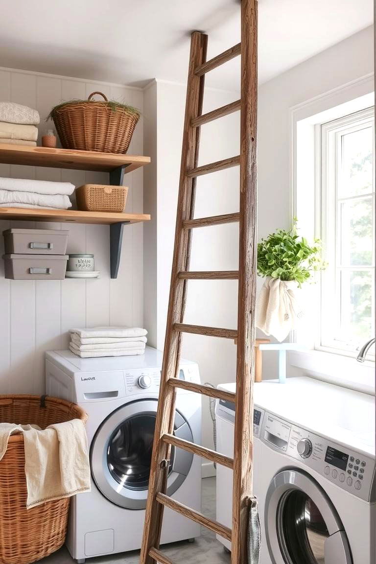 Repurposed Vintage Ladder - 24 Vintage Laundry Room Decor Ideas