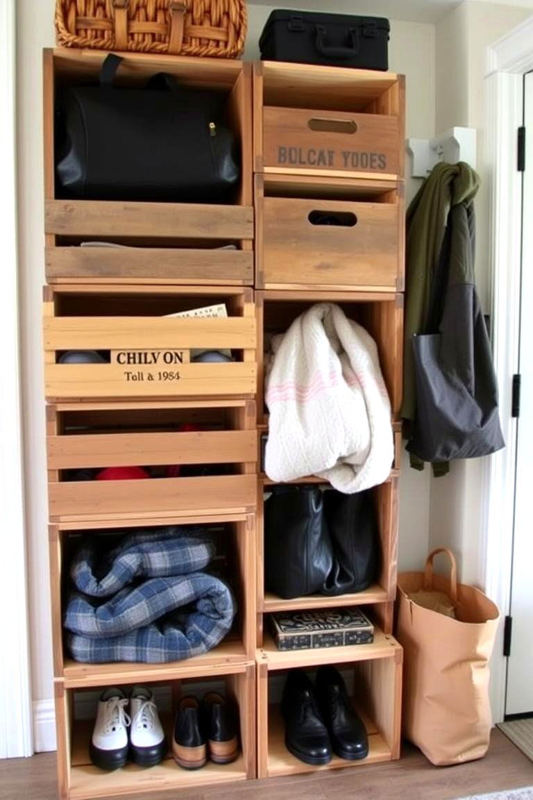 Repurposed Wooden Crates for Storage - 24 Farmhouse Mudroom Ideas