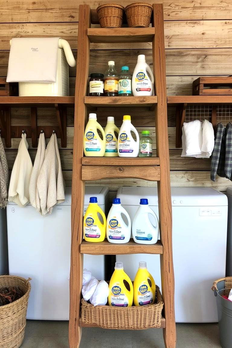 Repurposed Wooden Ladder for a Rustic Display - 24 Laundry Detergent Storage Ideas