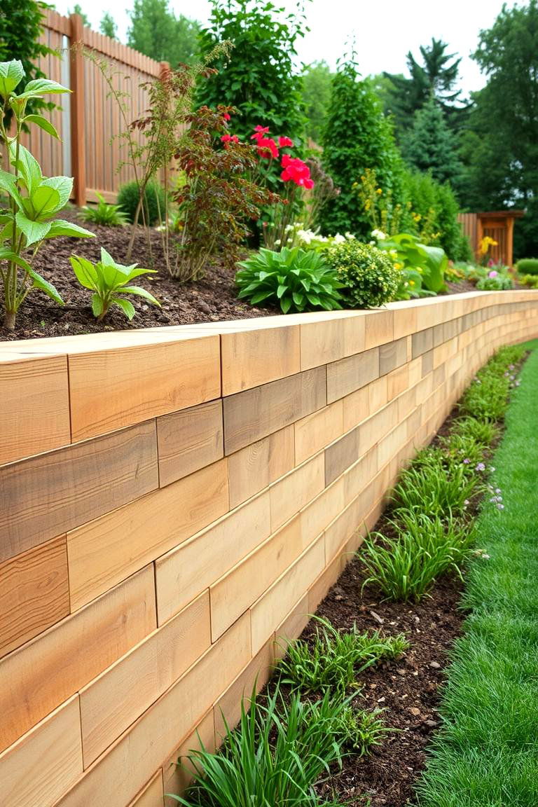 Retaining Wall with Varying Wood Heights - 24 Wood Retaining Wall Ideas