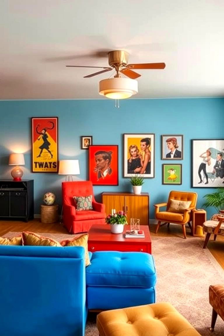 Retro Blue Couch with Funky Accessories - 24 Blue Couch Living Room Ideas