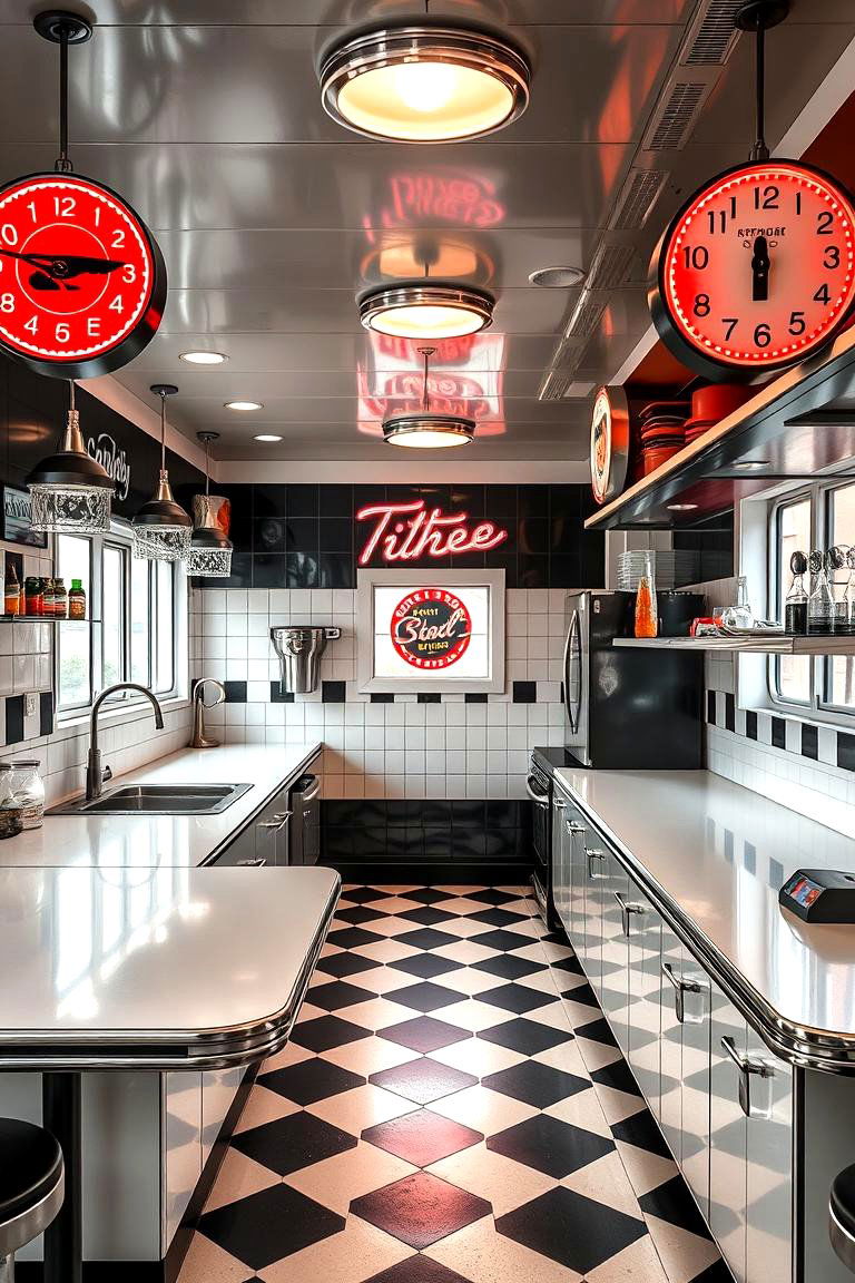 Retro Diner Style Black and White Kitchen - 24 Black and White Kitchen Ideas