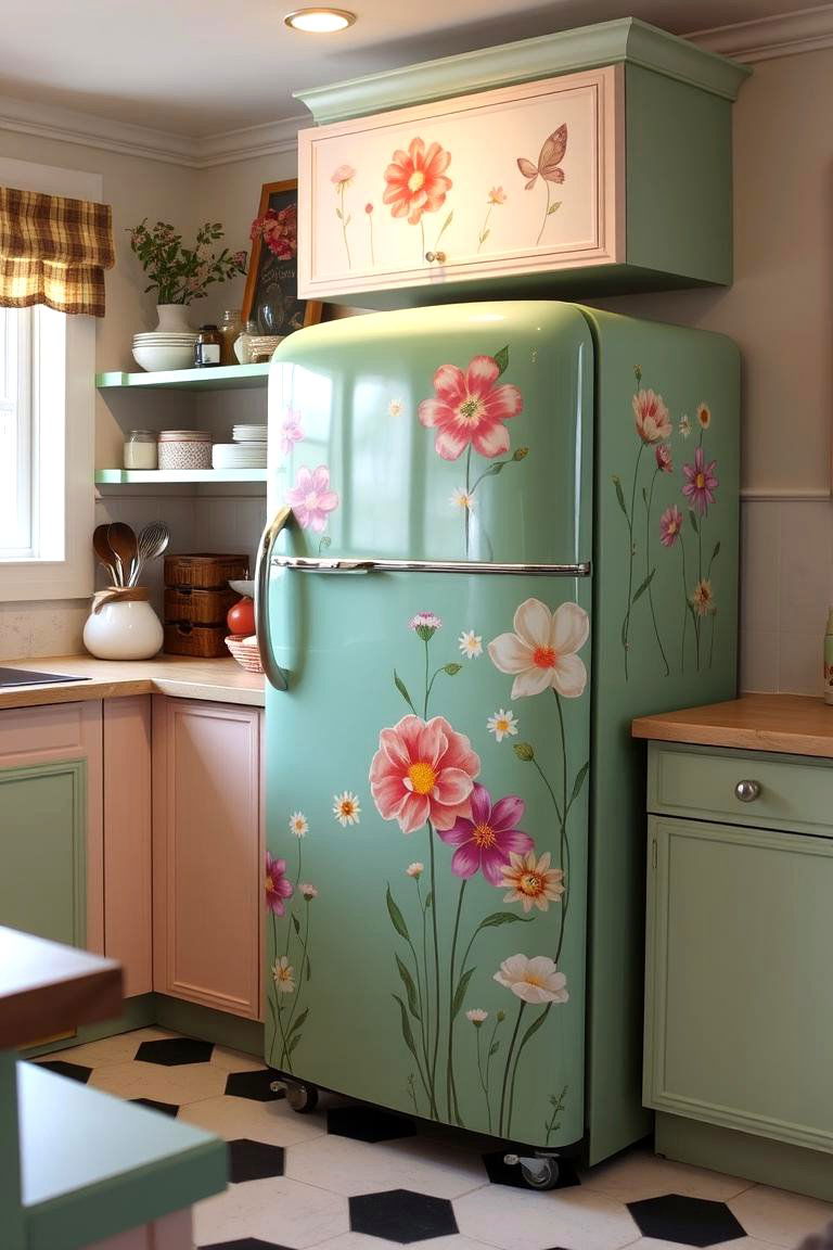 Retro Fridge with Custom Art - 24 Kitchen Wall Decor Ideas