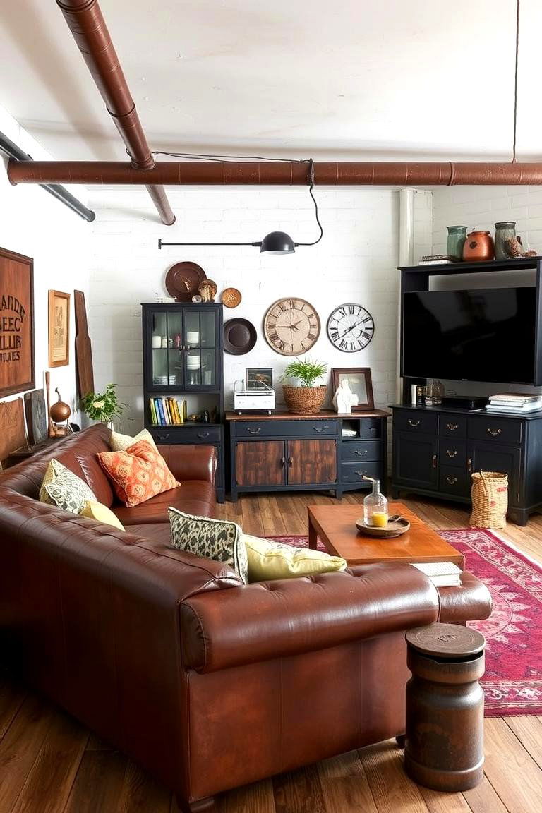Retro Industrial Blend - 24 Brown Leather Couch Living Room Ideas