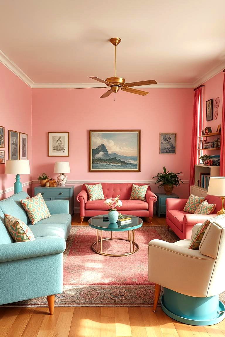 Retro Inspired Decor - 24 Pink and Blue Living Room Ideas